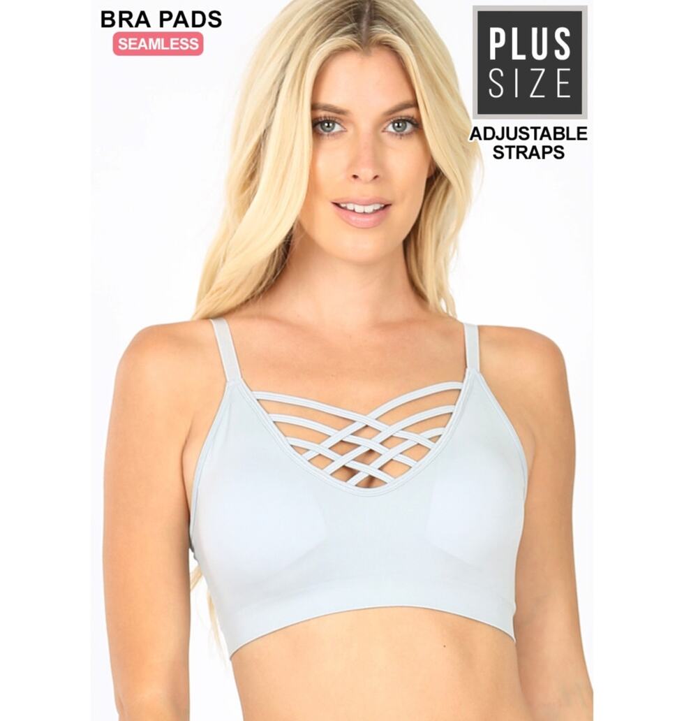 Zenana 2X/3X Light Grey Front V Lattice Bralette + bra padding adjustable straps